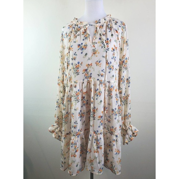 Vici Dress Large Women Long‎ Sleeve Boho Floral Swing Ivory Tiered Ruffle Neck - Picture 2 of 13
